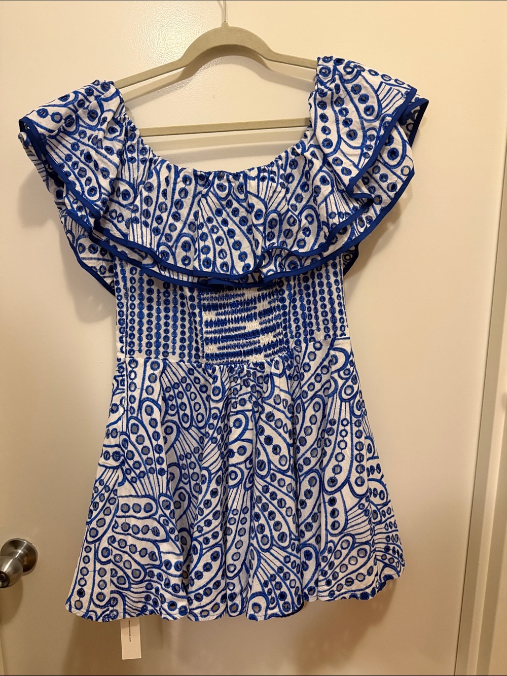 Blue & White Ruffled Off-Shoulder Dress - Picture 3 of 5